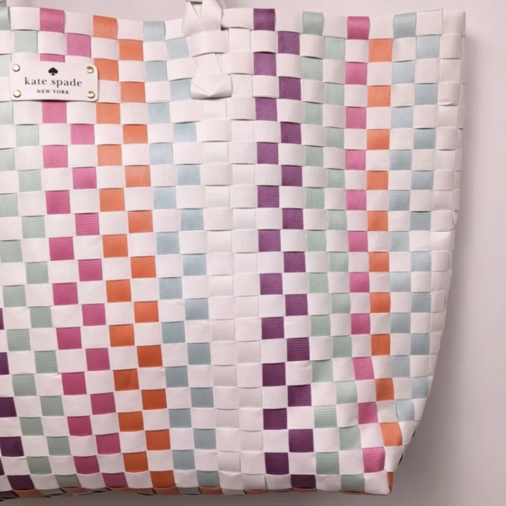Kate Spade Multicolor Woven Tote Checkerboard Pastel Brights Striped Beach Bag L